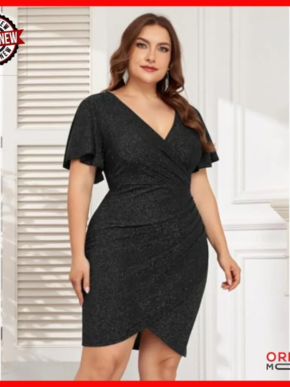 Plus Size Glitter Ruched Bodycon Mini Dress with Ruffle Sleeves Cocktail Party